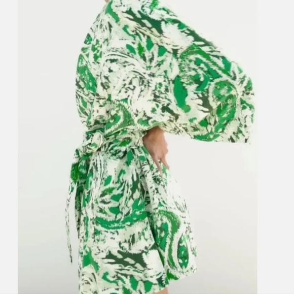 Zara linen blend lined printed oversized kimono Relaxed FitGreen Abstract Print - Picture 3 of 11